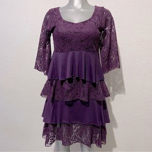 L&B Lace Ruffle Dress Tiered 3/4 Sleeve Boho-Chic Purple Plum Western Eyelet Lrg